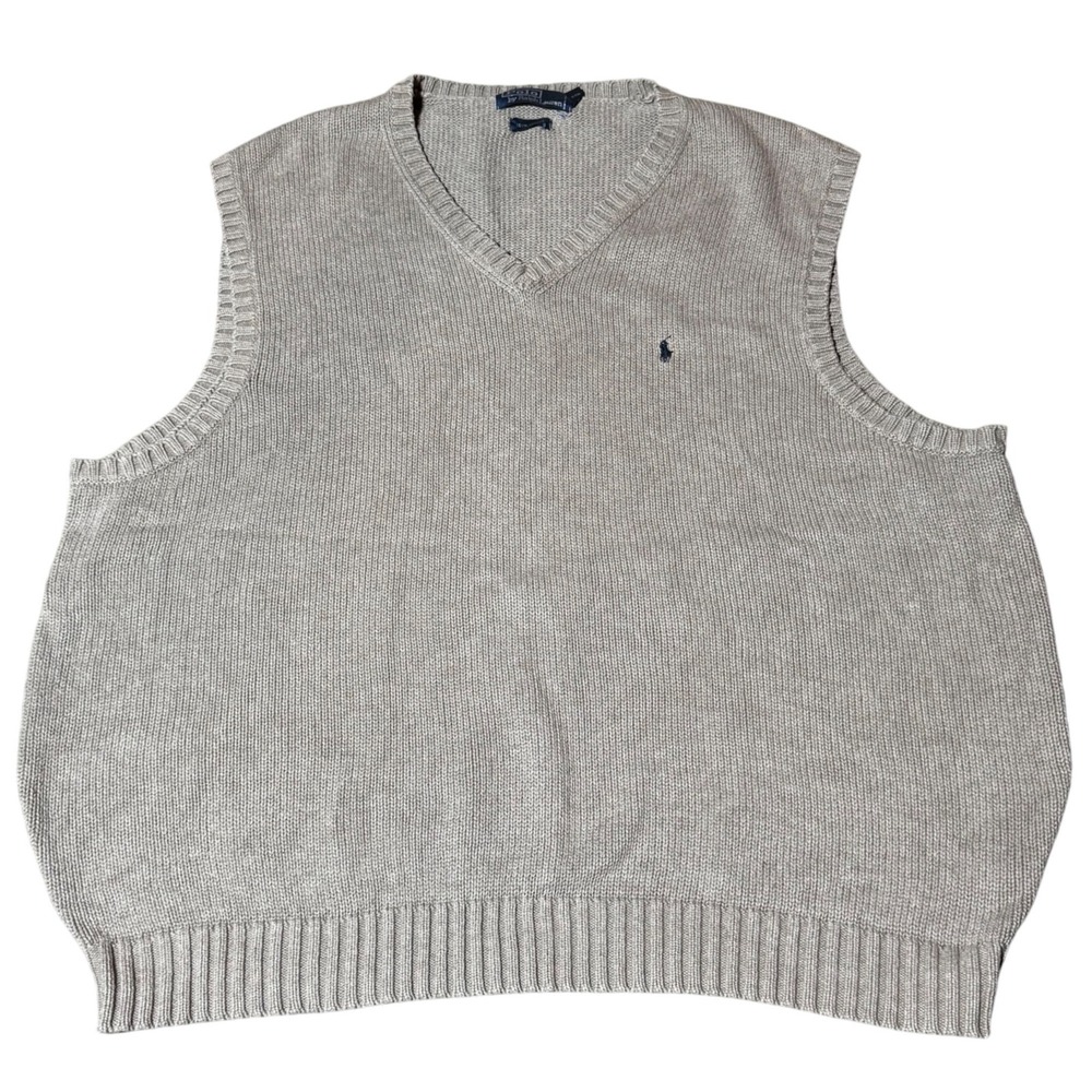 Vintage Polo Ralph Lauren Cotton Sweater‎ Vest 2XLT Tan Light Brown w Navy Logo